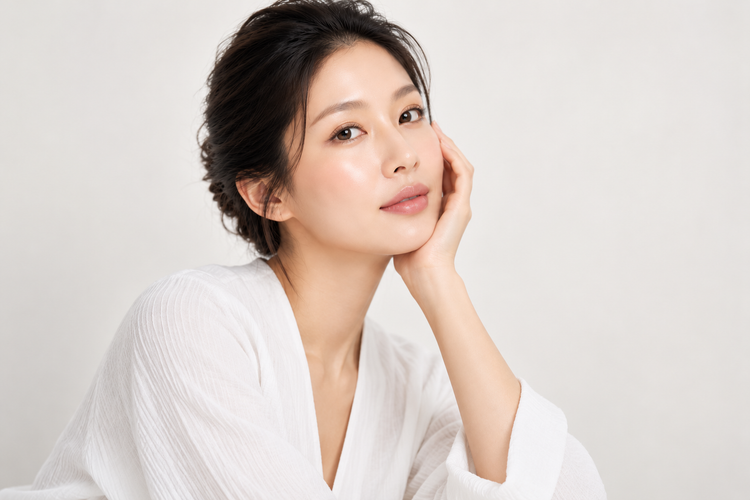Sophisticated Korean woman with glowing, dewy skin during a Korean facial skincare treatment