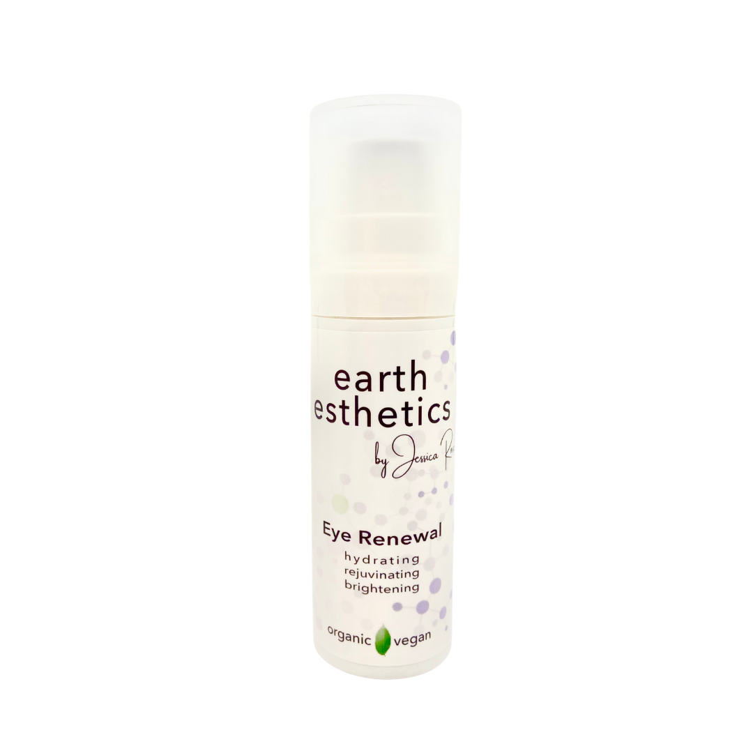 A bottle of Eye Renewal eye cream by Earth Esthetics, with a white label and green leaf symbol indicating organic and vegan friendly.