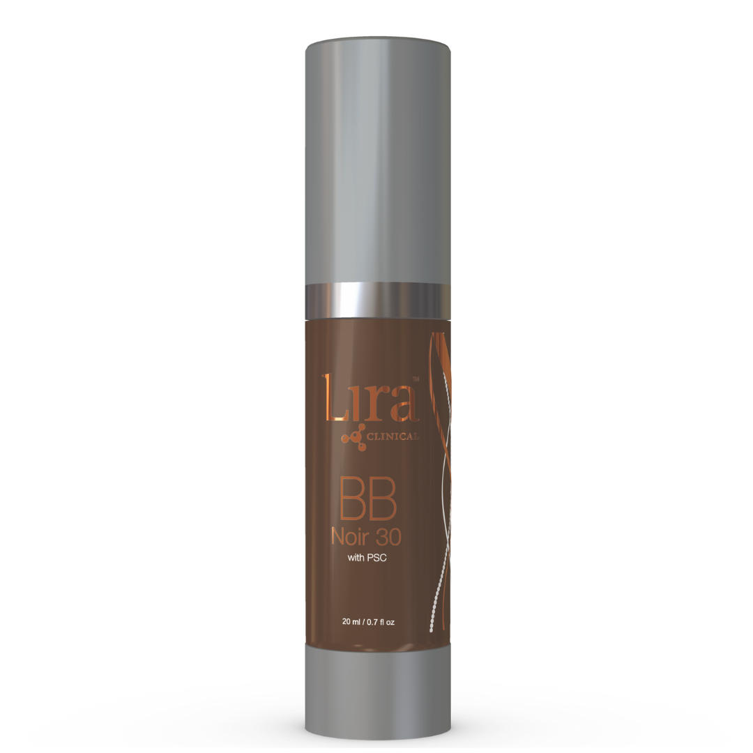 Lira Clinical BB Noir 30 tinted moisturizer bottle with pump, dark shade, 0.7 oz